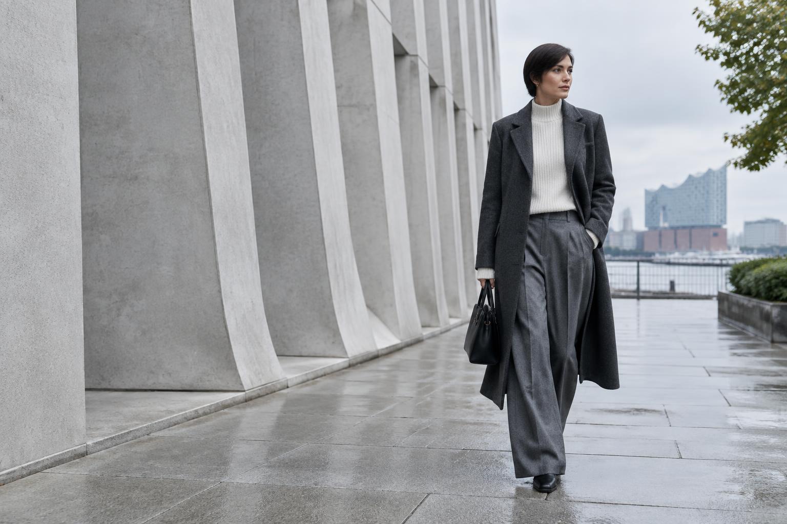 Herbstlook mit grauem Mantel, Strickpullover und weiter Hose